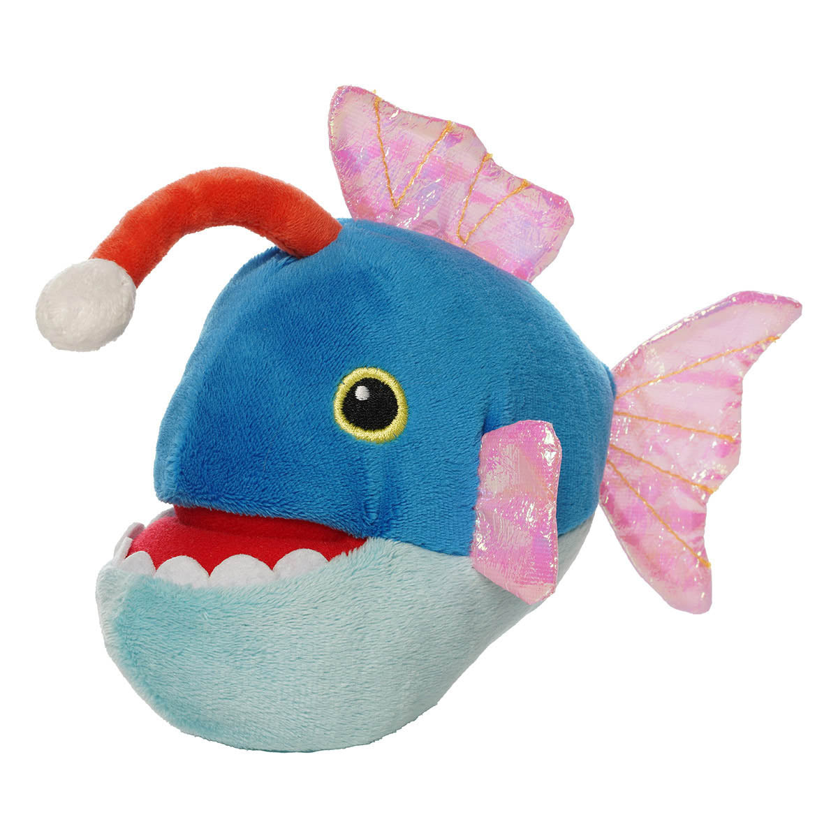 Angled view of a plush blue angler fish puppet with pink fins, a red and white angler lure, and yellow eyes.