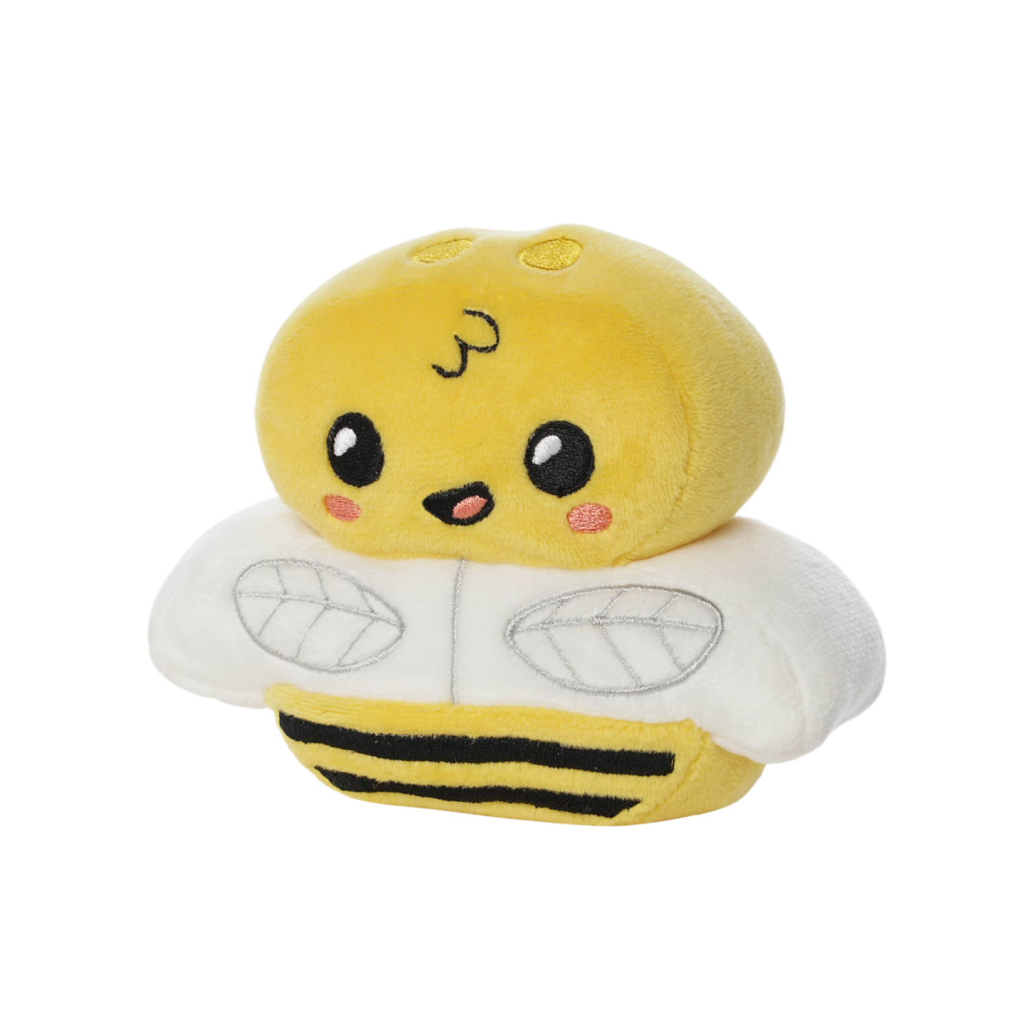 Soft plush toy shaped like a smiling yellow bumblebee with white wings, pink cheeks, and black stripes on its body.