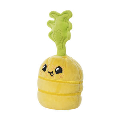Soft plush pineapple toy with a yellow body, stitched crisscross eyes, a smiling mouth, and a leafy green stem on top.