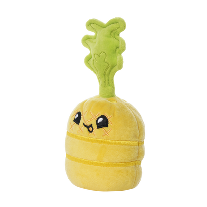 Soft plush pineapple toy with a yellow body, stitched crisscross eyes, a smiling mouth, and a leafy green stem on top.