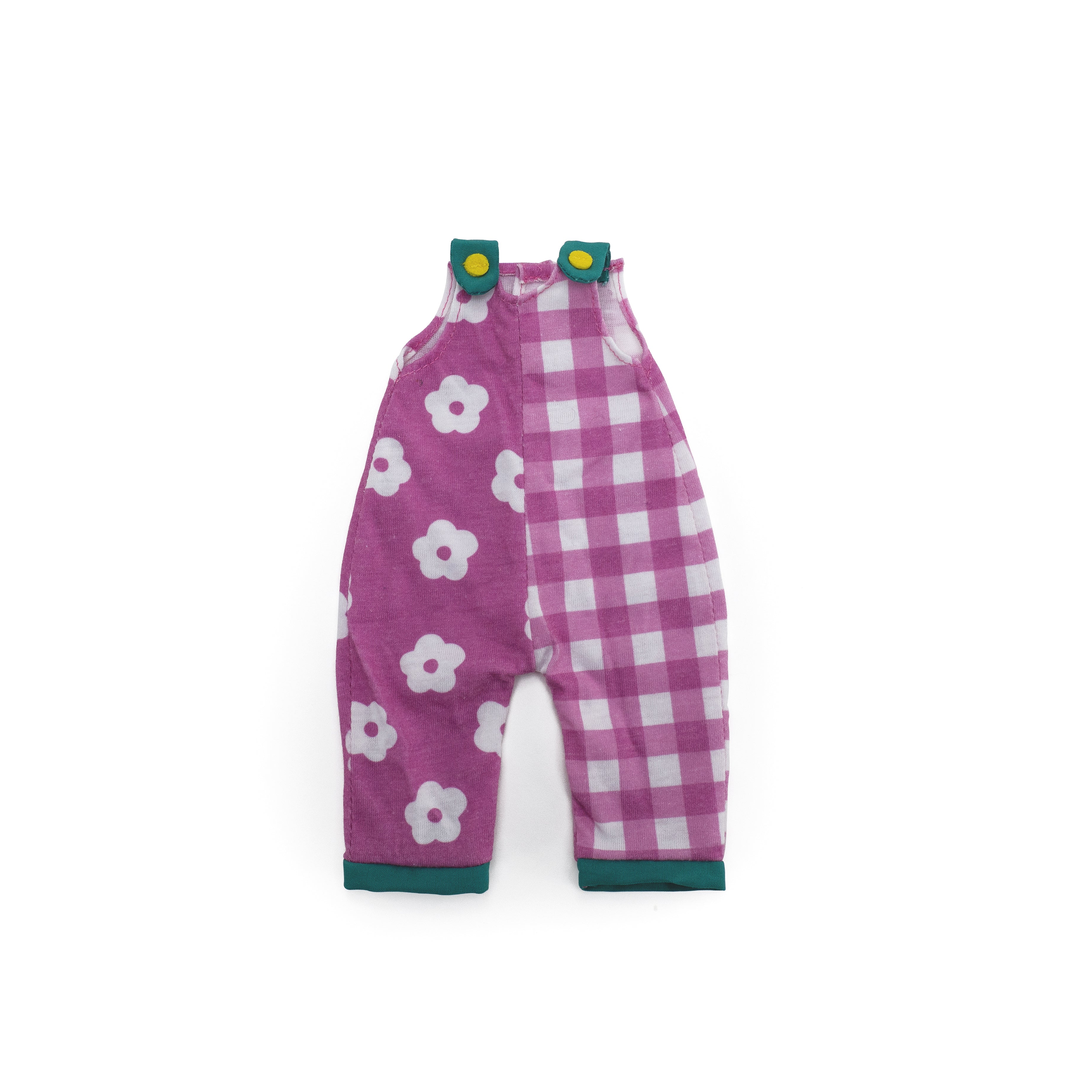 Purple and white doll overalls with floral pattern on one side and gingham pattern on the other. 