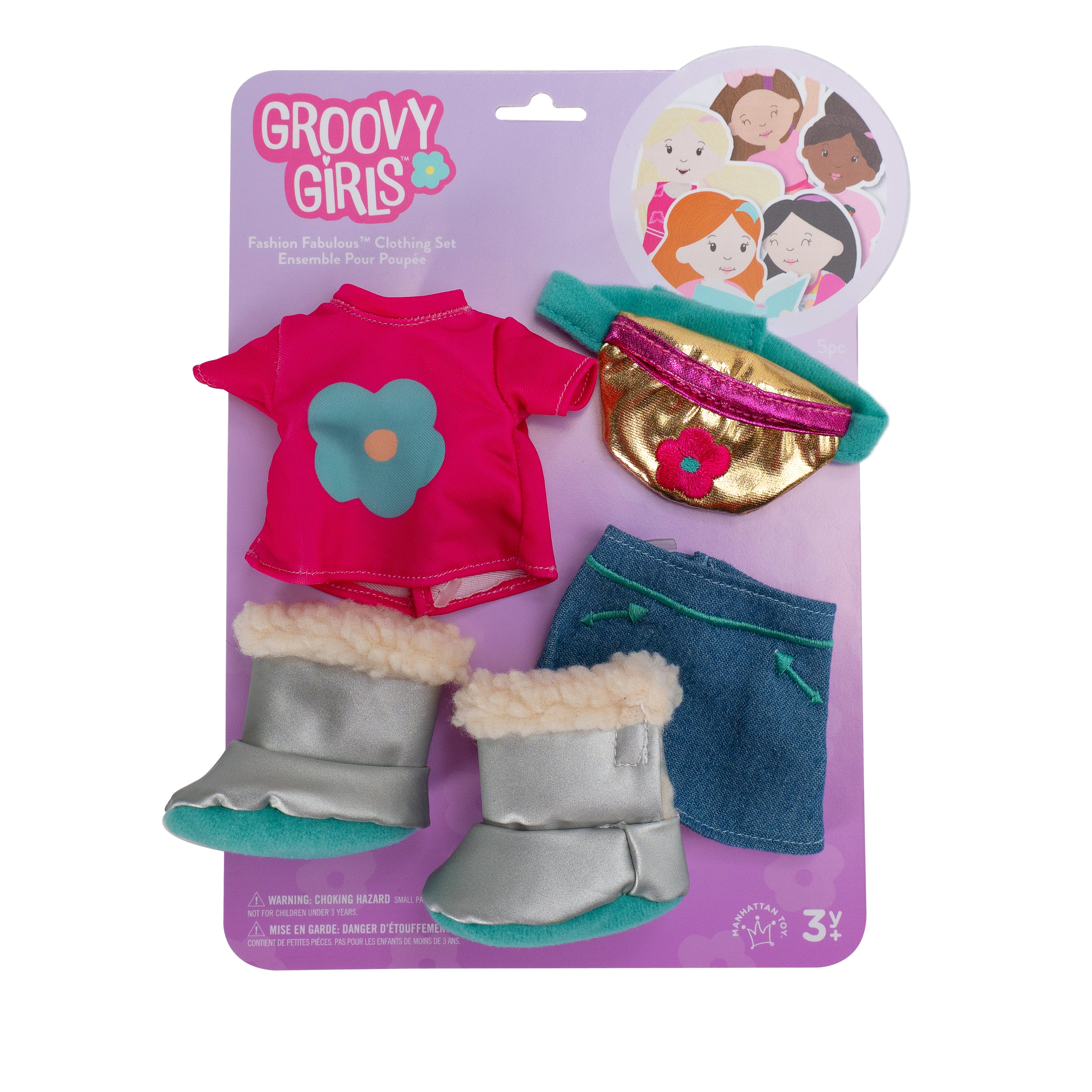 Pink doll shirt with blue flower, denim skirt, silver boots, and gold waist bag in packaging.