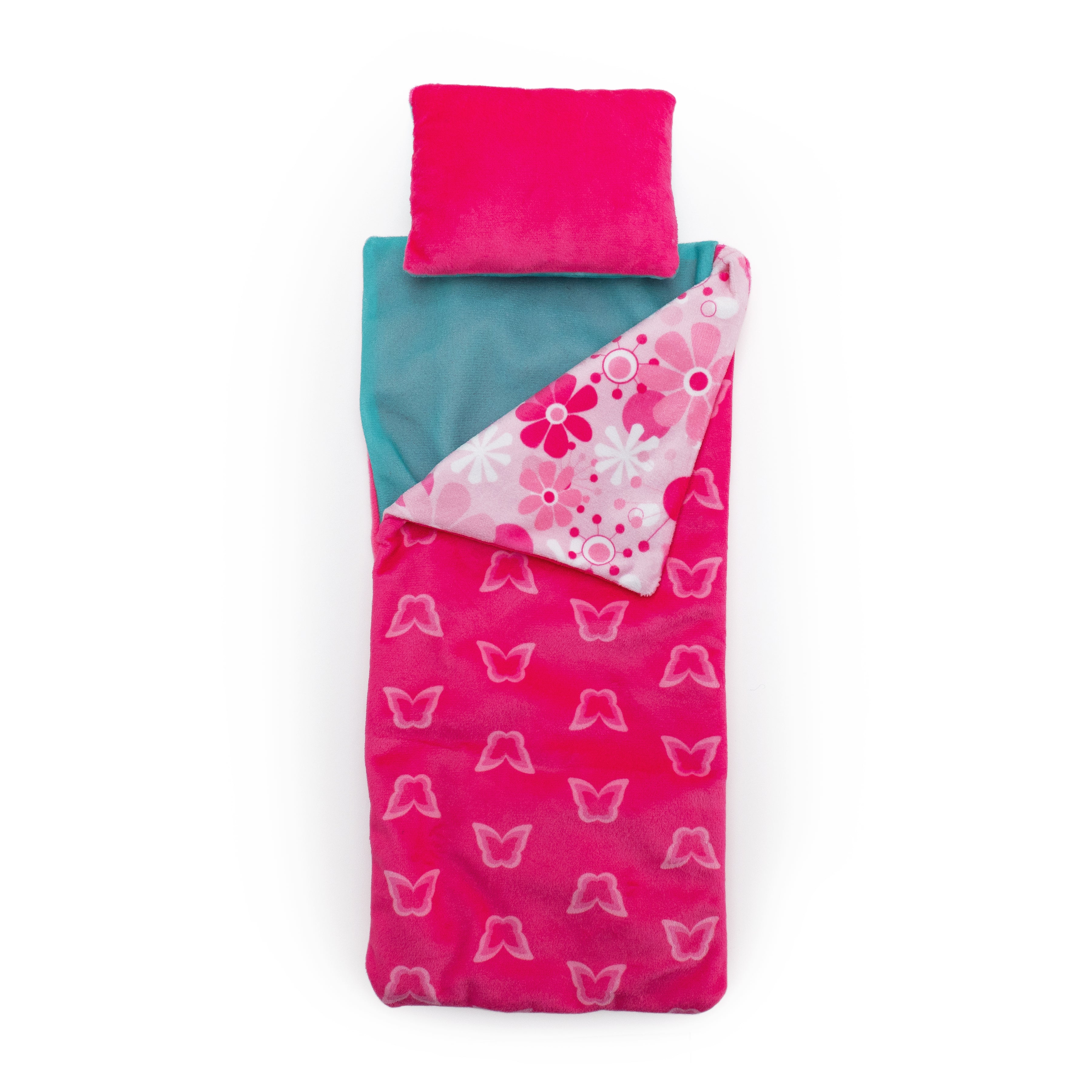 Pink doll sleeping bag with reversible patterns, pillow, and pillow pocket.