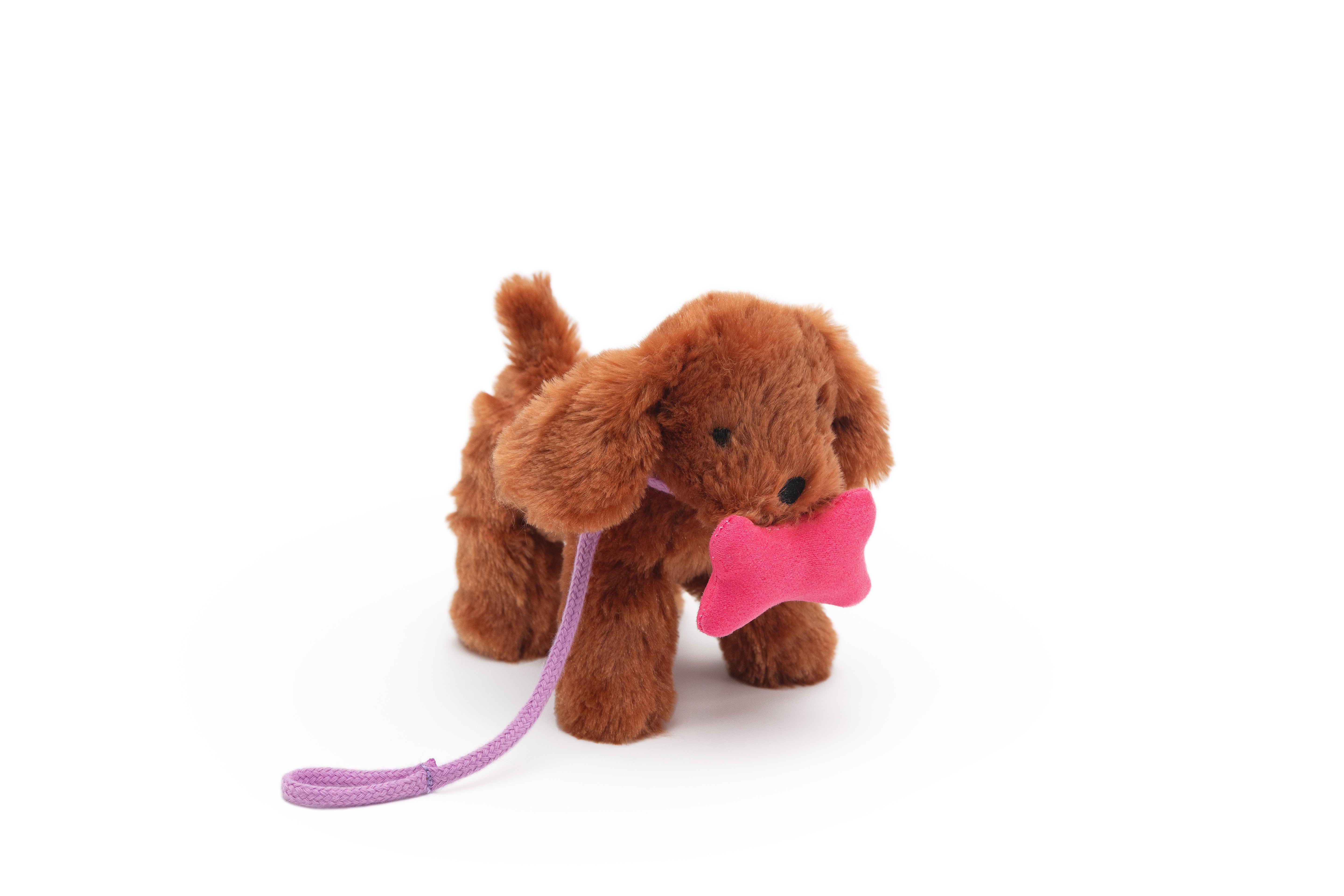 Brown soft dog with purple leash and pink magnetic bone in its mouth.