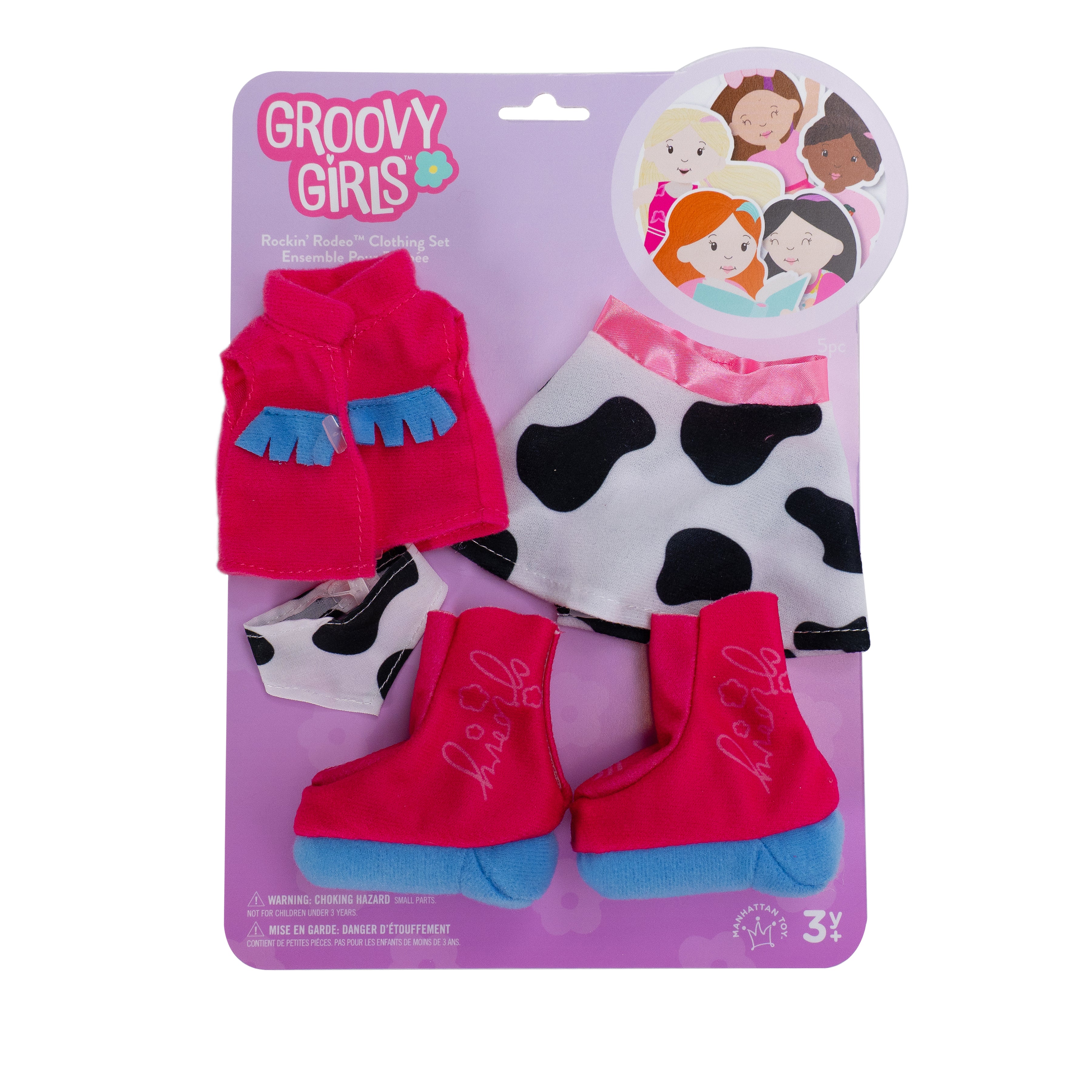 Pink doll vest with cow-print skirt, pink cowgirl boots, and a bandana in packaging.