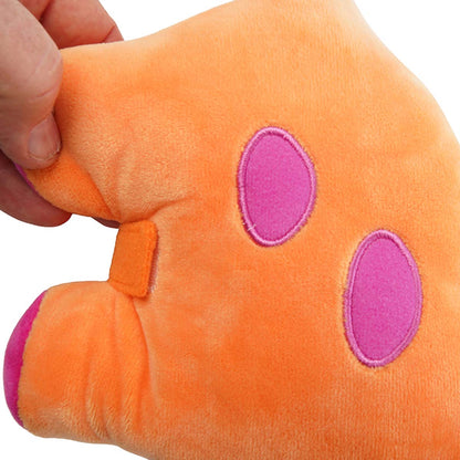 Close up of colorful textured spots on orange dinosaur's side.