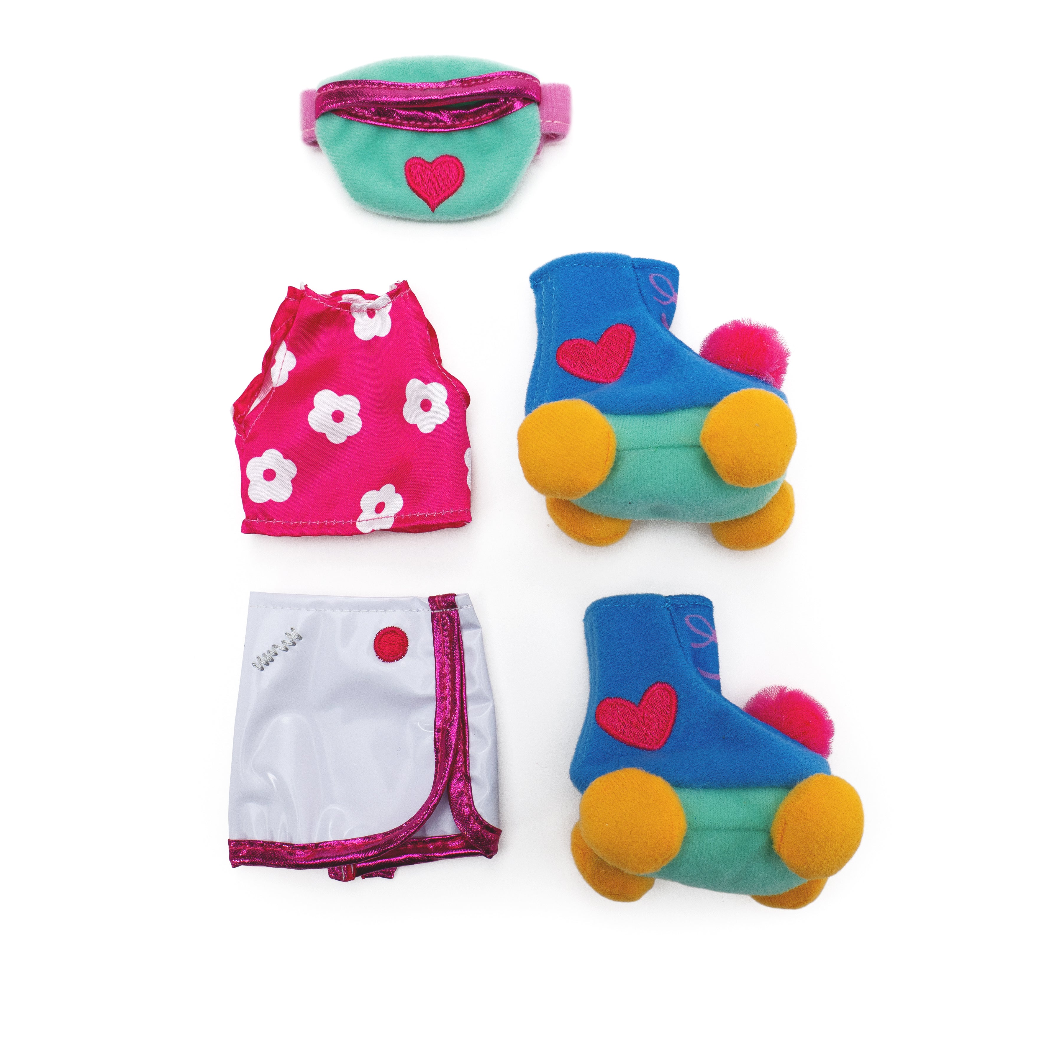 Pink floral doll shirt with athletic skirt, roller skates, and waist bag with heart icon.