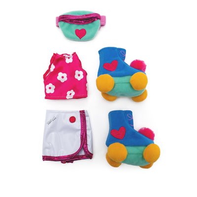 Pink floral doll shirt with athletic skirt, roller skates, and waist bag with heart icon.
