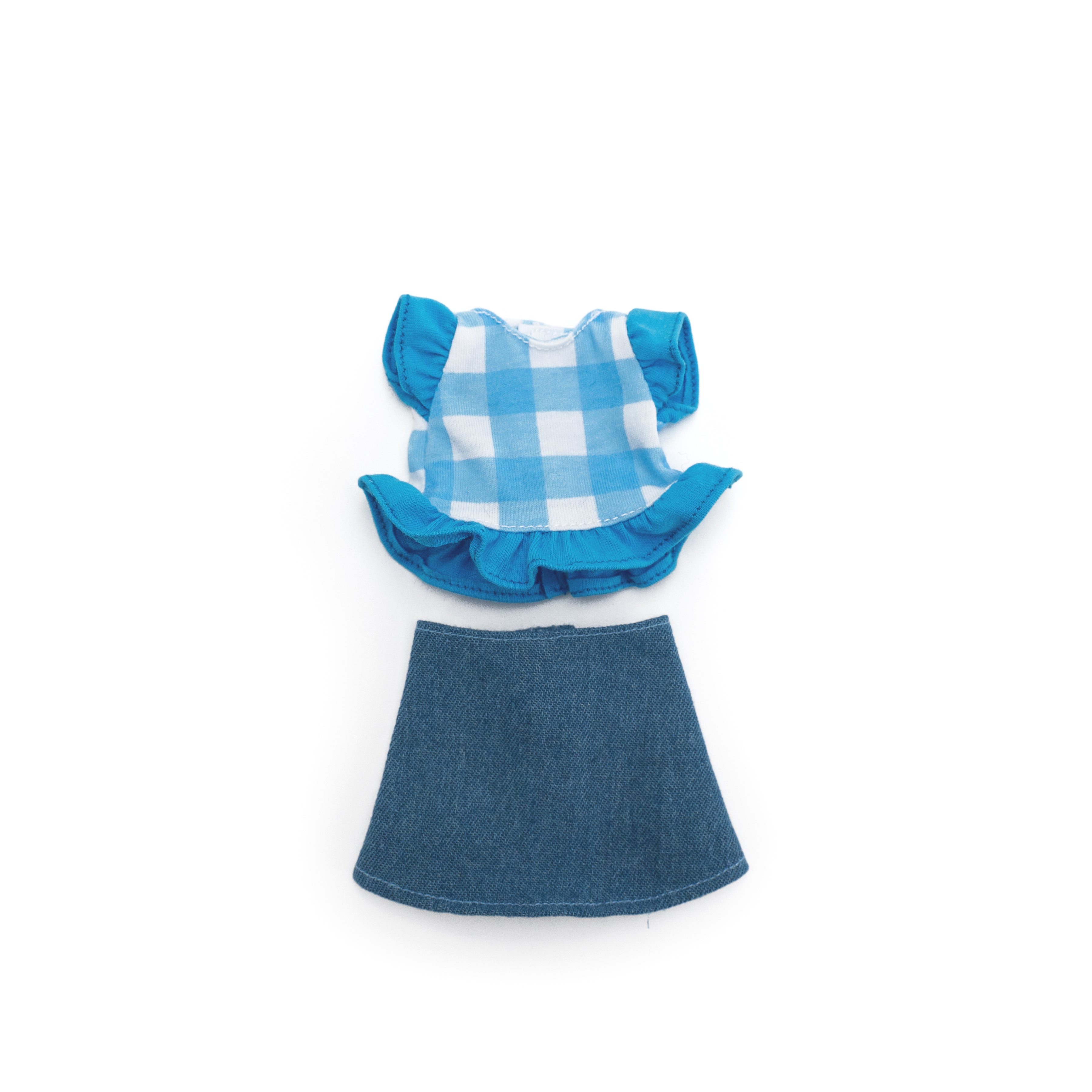 Blue gingham doll shirt with frilly sleeves and classic denim skirt.