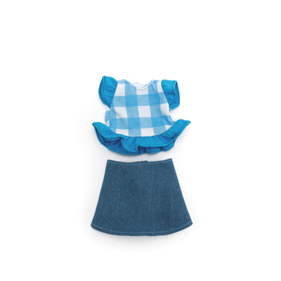 Blue gingham doll shirt with frilly sleeves and classic denim skirt.