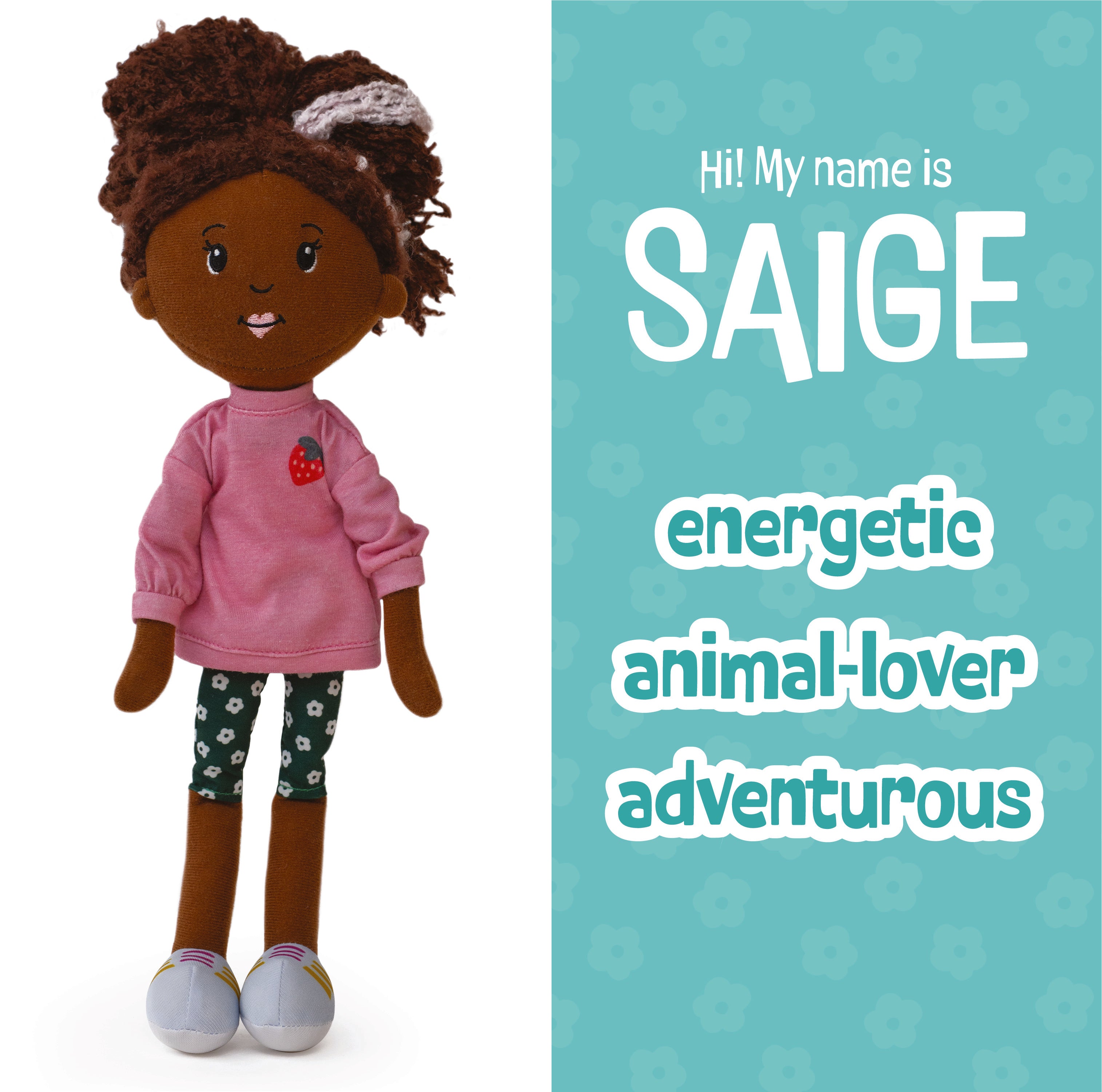 Doll with text introducing 'Saige' as an energetic animal-lover adventurer on a blue and white background