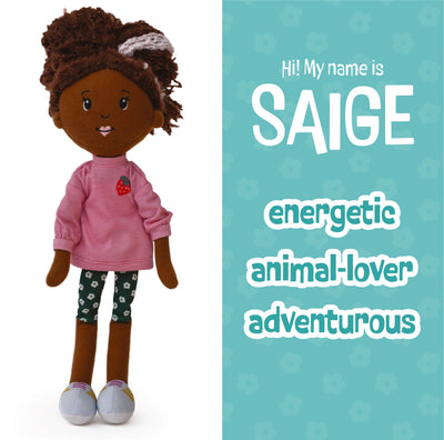 Doll with text introducing 'Saige' as an energetic animal-lover adventurer on a blue and white background