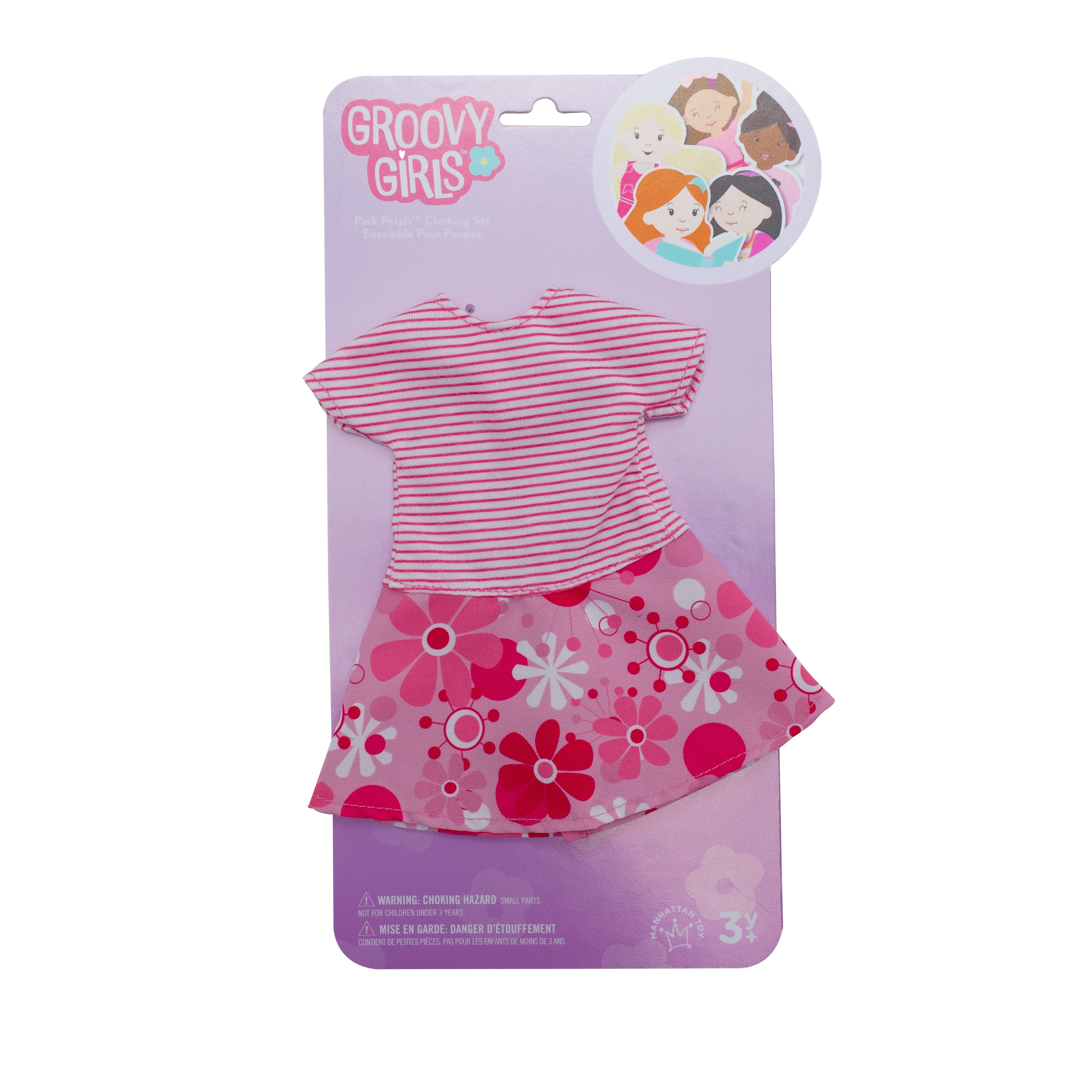 Pink doll dress with stripes on top and a floral pattern on bottom in packaging