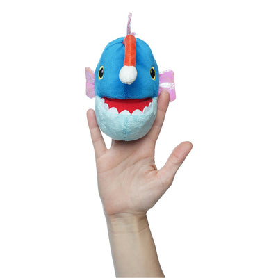 Front view of a hand inside a plush blue angler fish puppet with pink fins, a red and white angler lure, and yellow eyes.