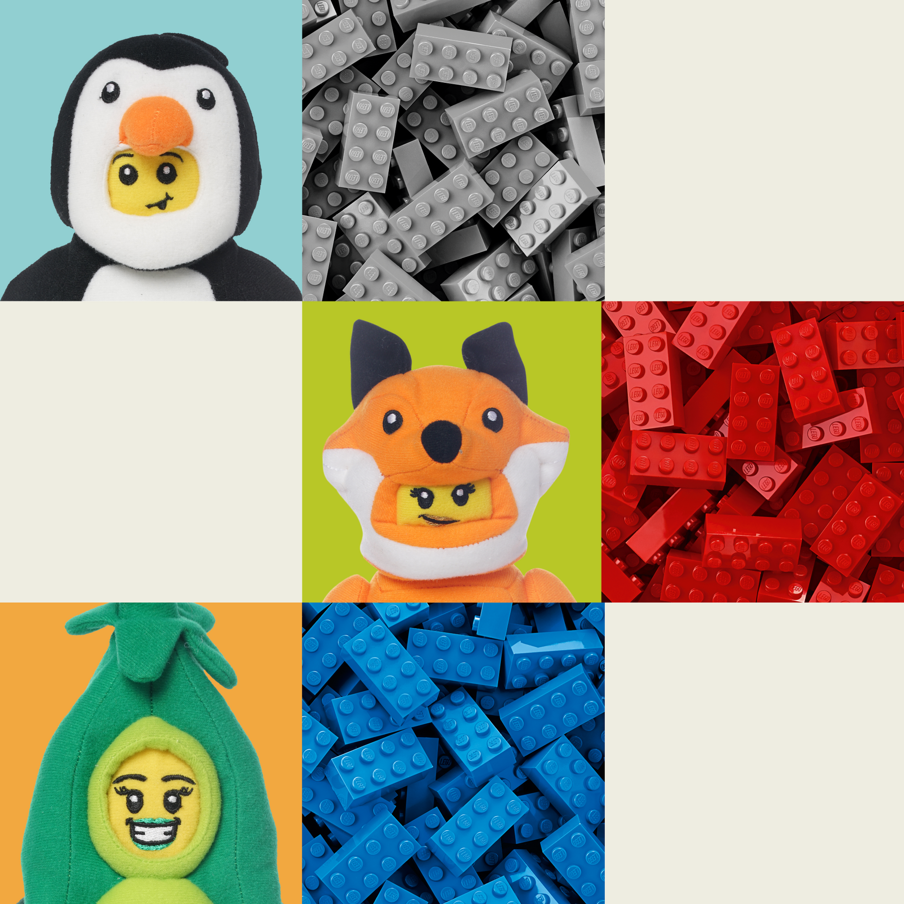 LEGO Plush characters on different colored backgrounds