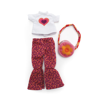 White doll t-shirt with heart, animal print pants, and flower purse.