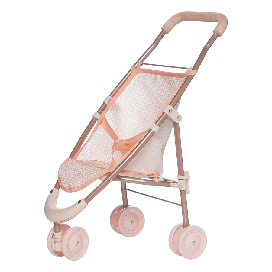 Angled view of aluminum pink doll stroller with three wheels, a fabric seat, and a soft handlebar. 