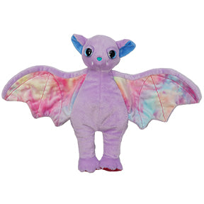 A purple bat plush toy with colorful, spread out wings, blue ears, and blue eyes.