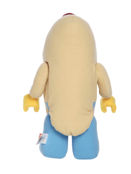 Hot dog costume plush inspired by LEGO with smiling yellow face, red hot dog center, and light blue legs.