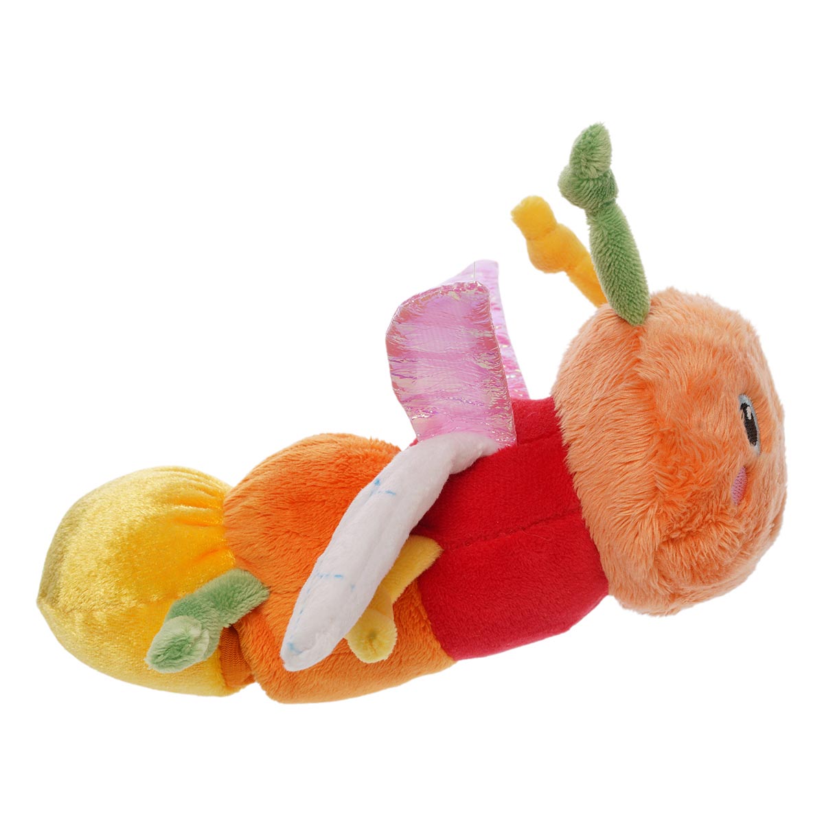 Side view of plush dragonfly puppet with an orange head, multicolored body, legs, and antennae, and pink and white wings. 