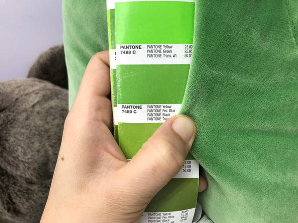 A hand holds some greem fabric up to a pantone color swatch to compare them.