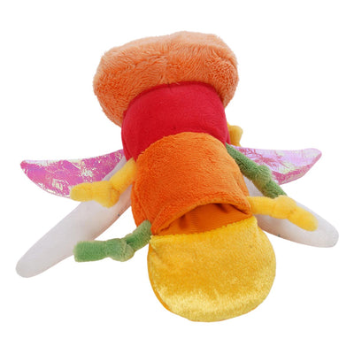 Underside of plush dragonfly puppet with finger hole visible.
