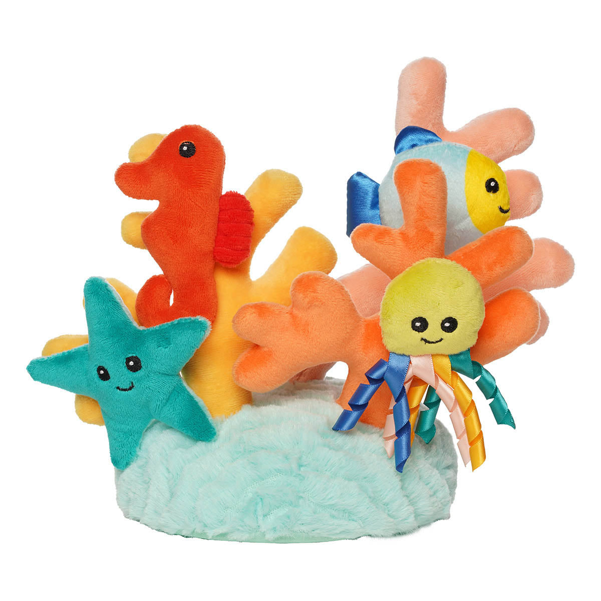 A plush blue base with yellow and orange coral. Multicolored sea creatures magnetically attach to front of coral.