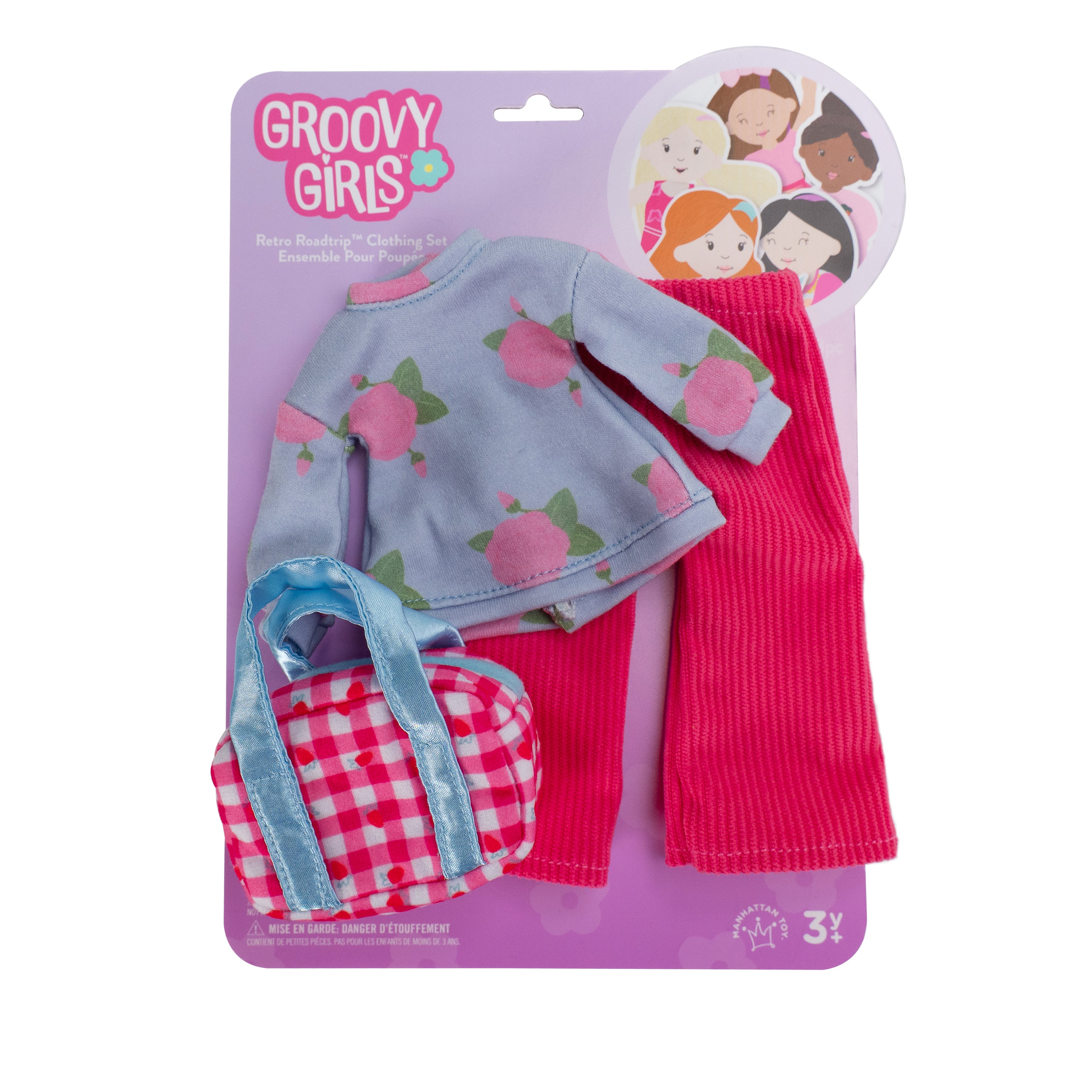 Floral patterned doll shirt with pink corduroy pants and a pink duffel bag in packaging.