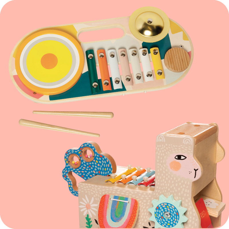 two wood musical toys one with a xylophone, drum and cymbal, the other looks like a llama with a maraca tail both a pink background