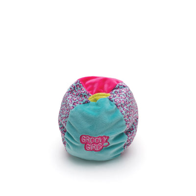 Soft doll beanbag chair with blue, pink, and animal print patterned sections. 