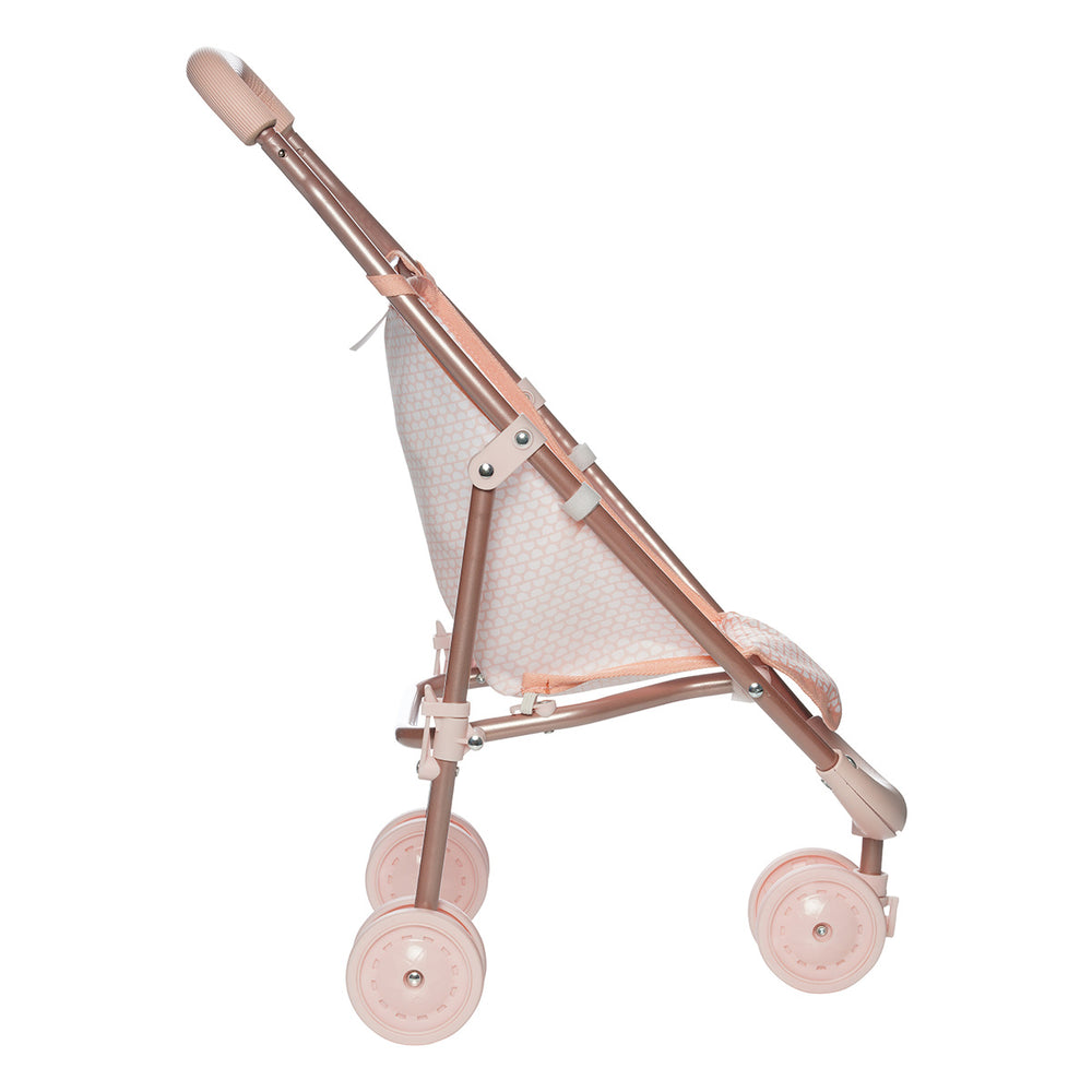 Side view of aluminum pink doll stroller with three wheels, a fabric seat, and a soft handlebar. 