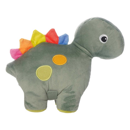 Side view of a plush green dinosaur with colorful spikes on its back and two colorful textured spots on its side. 