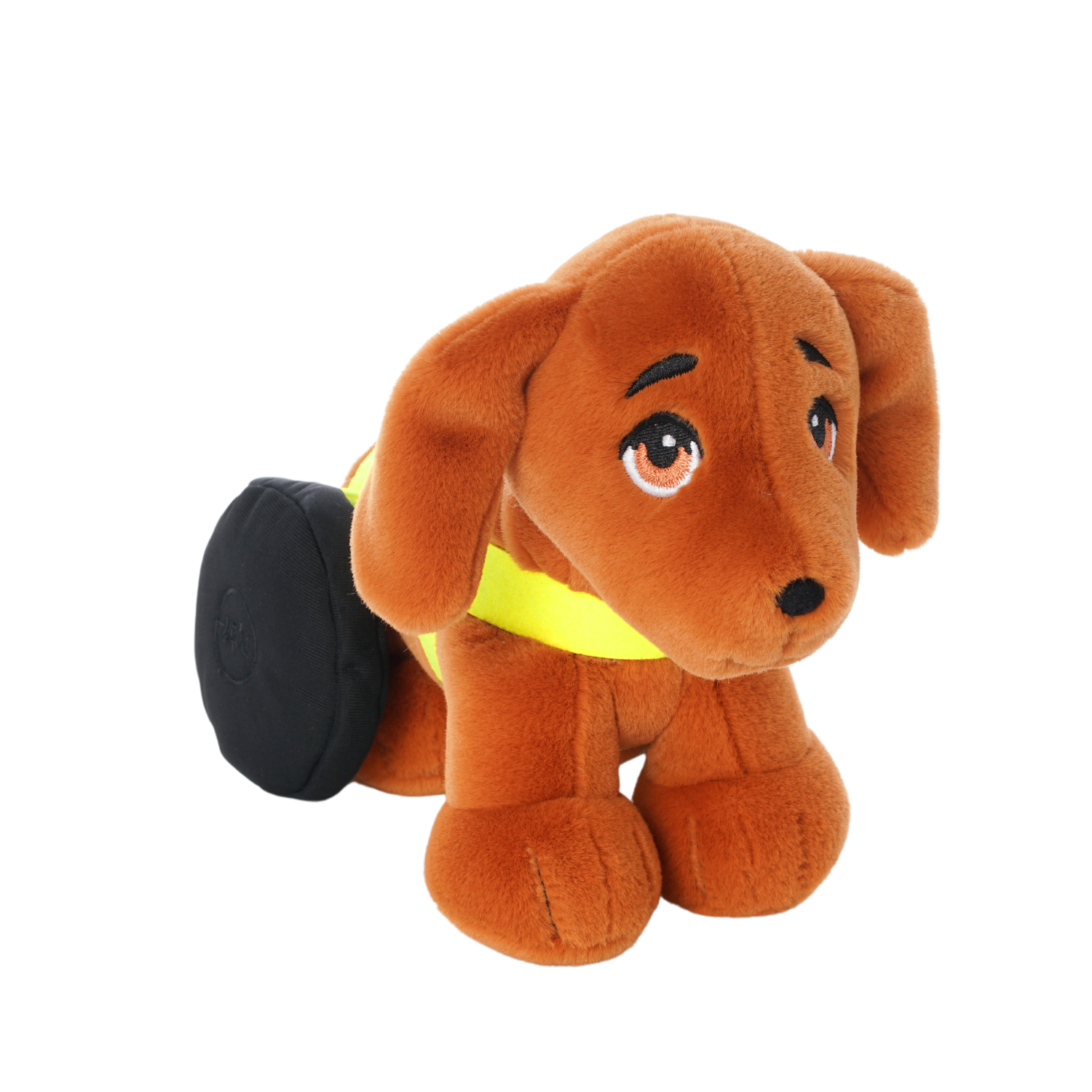 Brown plush dachshund toy with floppy ears, expressive embroidered eyes, and black wheels on its back legs, wearing a bright yellow harness. 45 degree angle