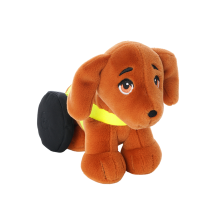 Brown plush dachshund toy with floppy ears, expressive embroidered eyes, and black wheels on its back legs, wearing a bright yellow harness. 45 degree angle