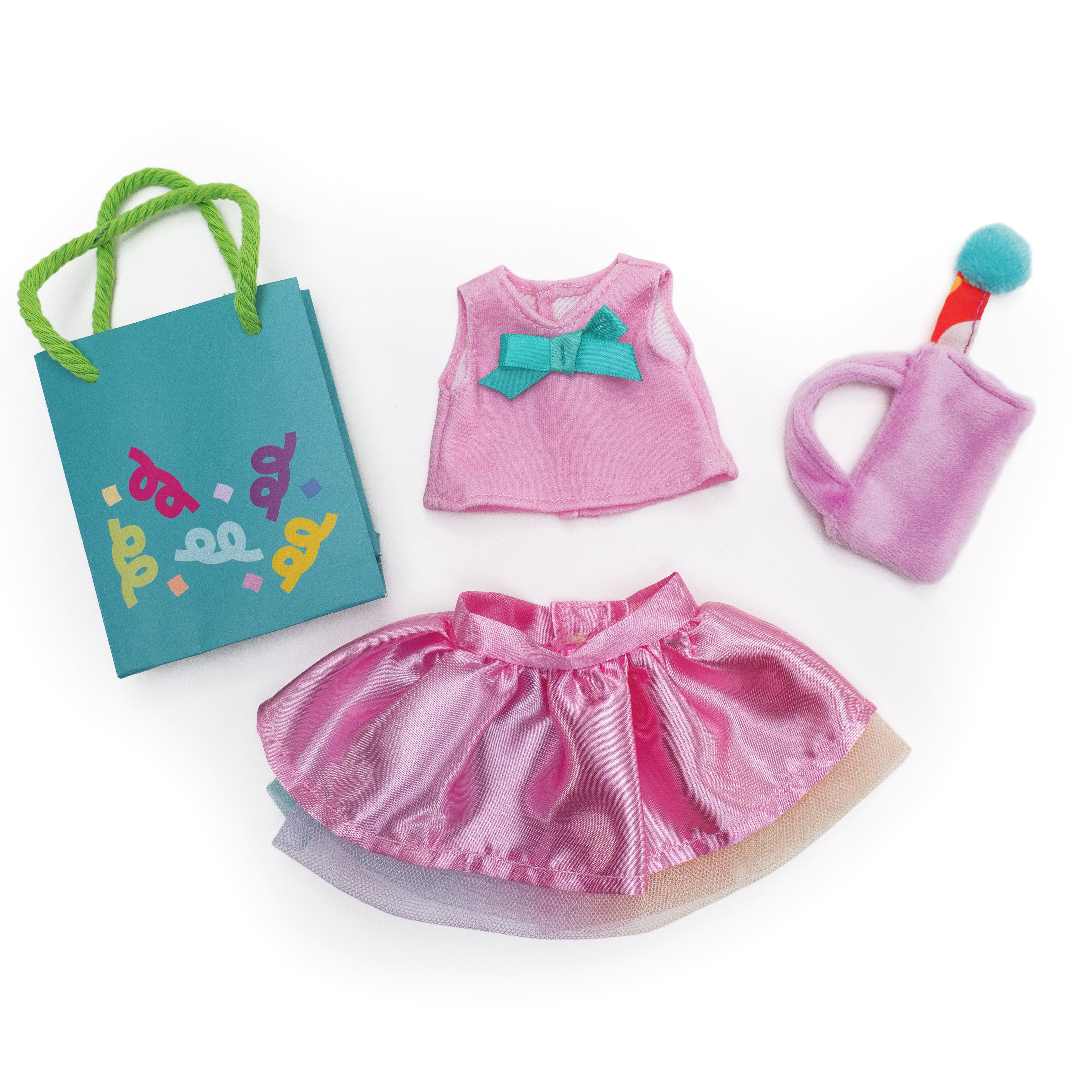 Pink doll shirt with blue bow, pink skirt, cloth purse, and paper gift bag.