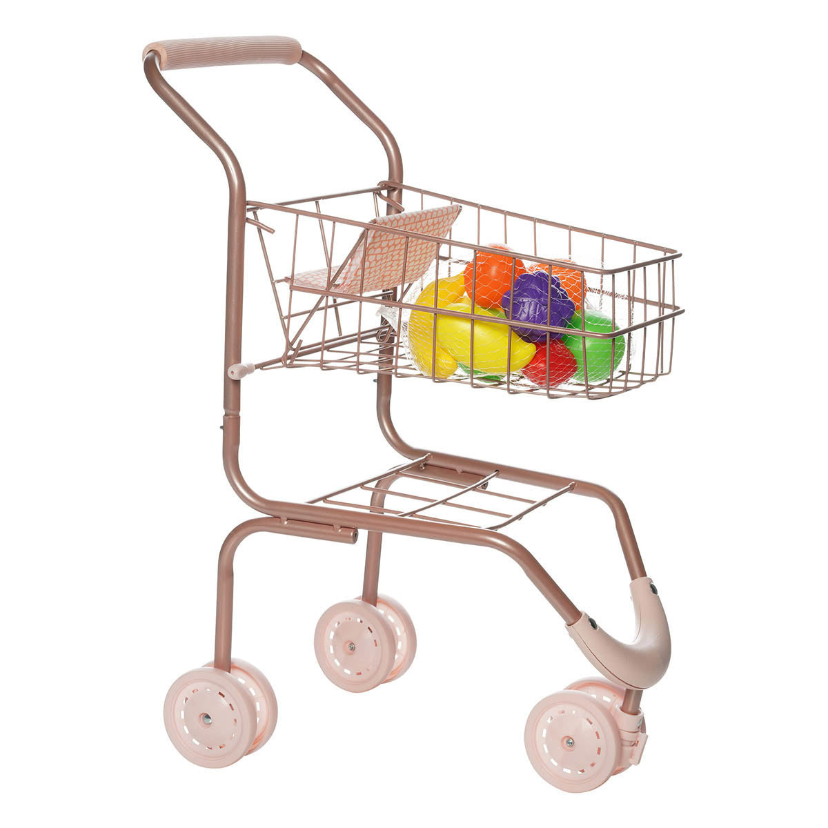Aluminum pink child-sized shopping cart with three plastic wheels, a fabric seat cover, and a bag of colorful plastic fruit. 