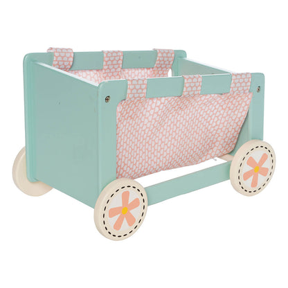 A blue and pink wooden doll wagon with a pull cord in front, flowers on the wheels, and a pink fabric insert. 