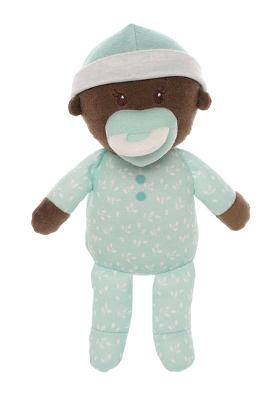 soft baby snuggle doll with brown skin that includes a magnetic pacifier 