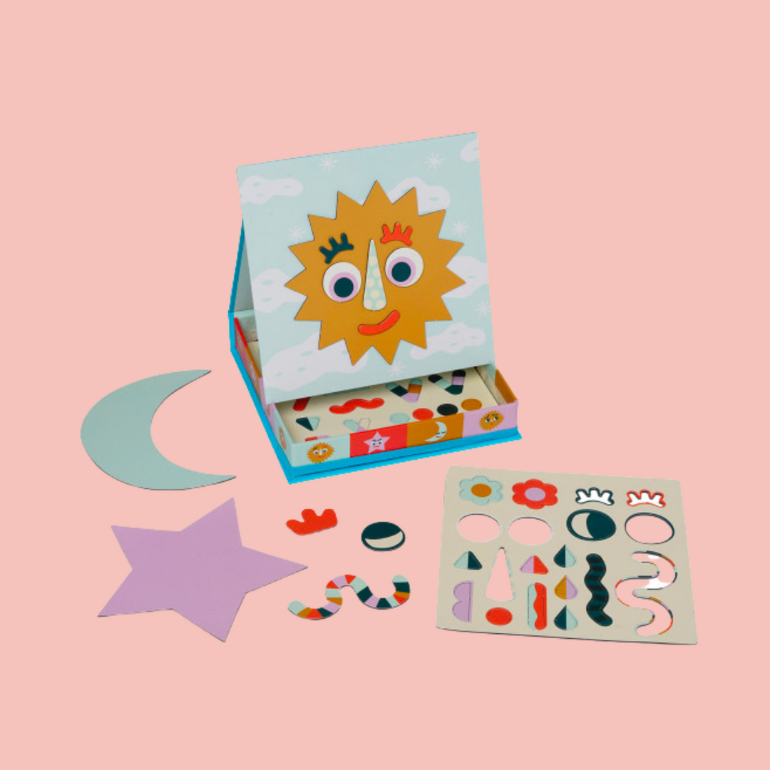 A playset that includes a magnet board and magnetic pieces for making different faces.
