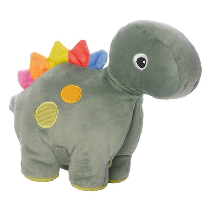Front angled view of a plush green dinosaur with colorful spikes on its back and two colorful textured spots on its side. 