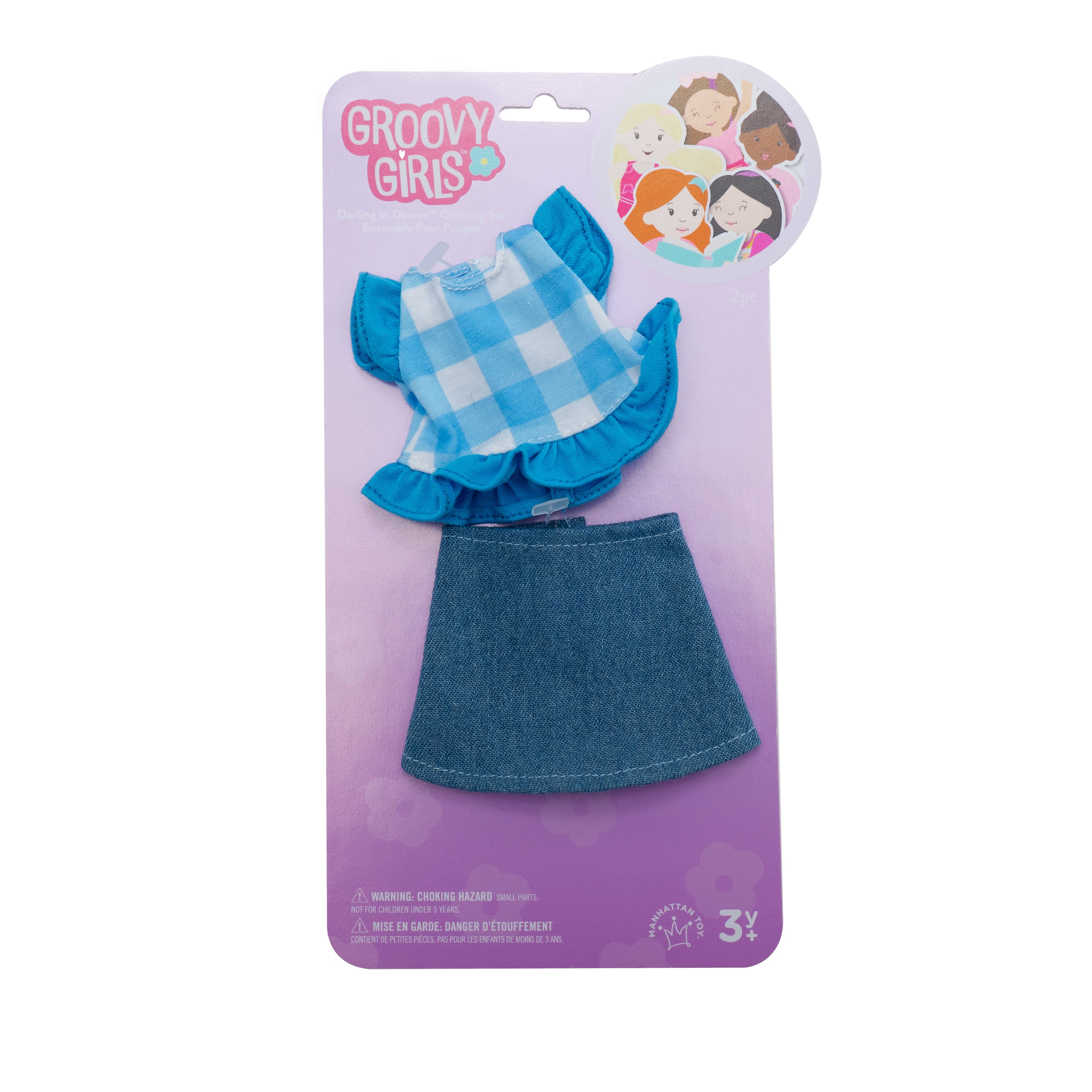 Blue gingham doll shirt with frilly sleeves and classic denim skirt in packaging.