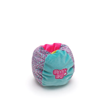 Soft doll beanbag chair with blue, pink, and animal print patterned sections. 