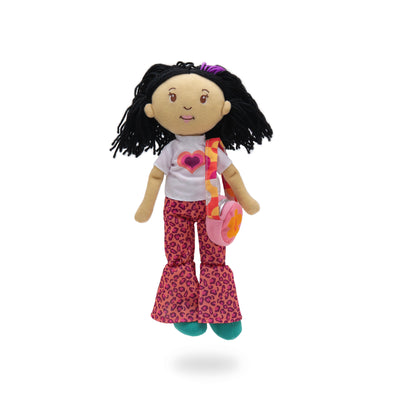 Soft doll wearing white t-shirt with heart, animal print pants, and flower purse.