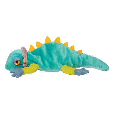 Side view of a plush teal lizard with green sprawled out legs, blue feet, orange spikes, and big orange eyes. 