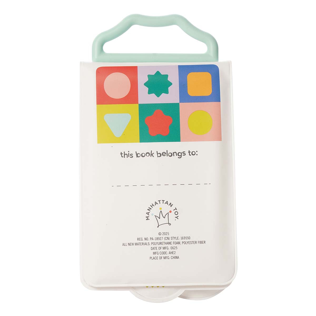 The back of My First Photobook with colorful shapes, a dedication space, and Manhattan Toy logo on white background.