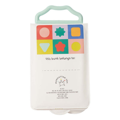The back of My First Photobook with colorful shapes, a dedication space, and Manhattan Toy logo on white background.