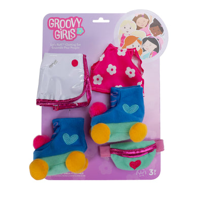 Pink floral doll shirt with athletic skirt, roller skates, and waist bag in packaging.