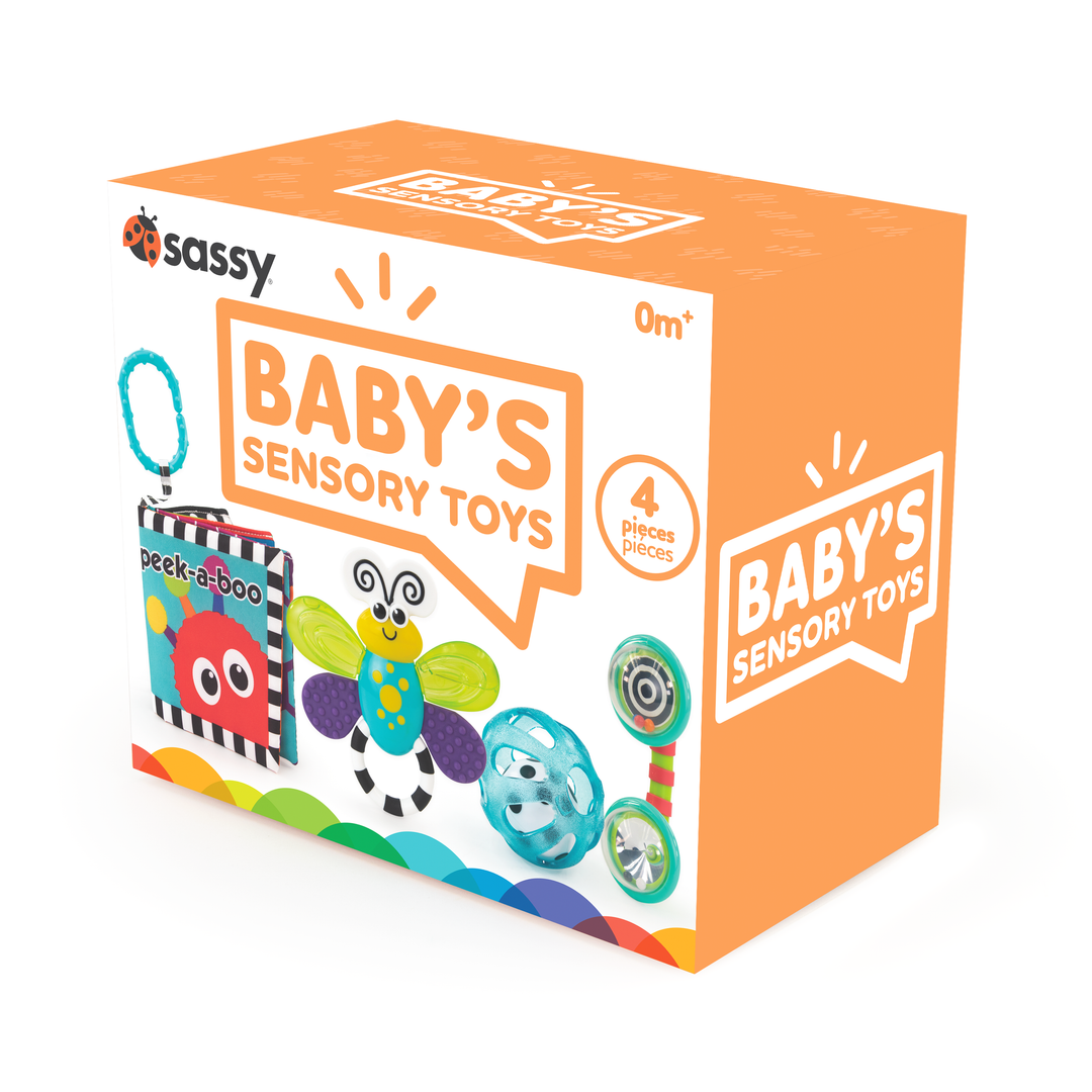 set of 4 sensory toys: soft book, chime ball, phone rattle, and butterfly teether