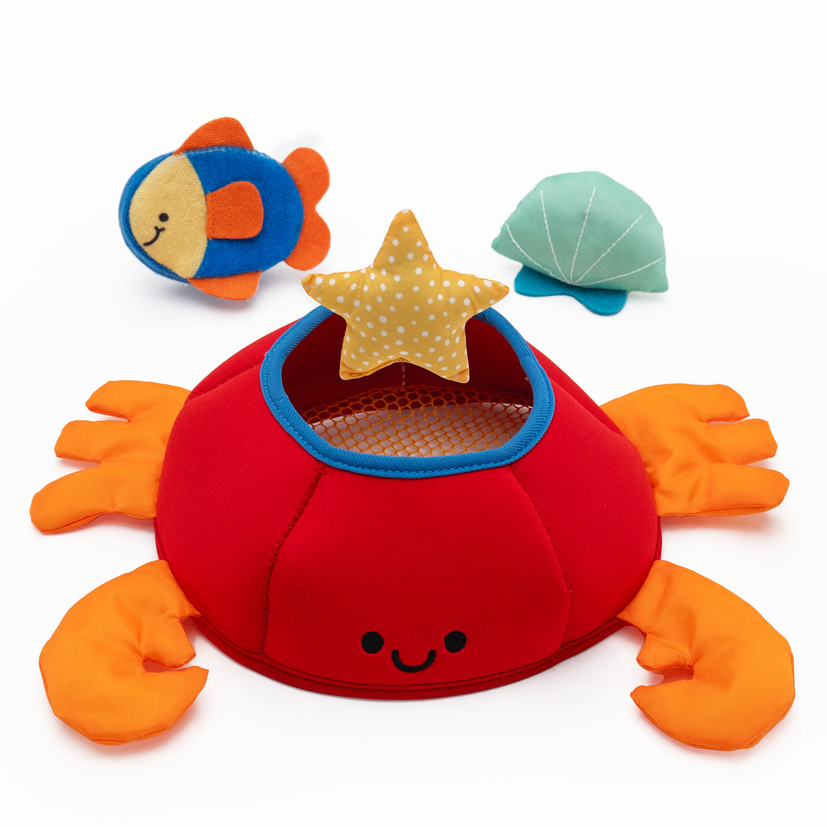 Red crab bath toy with orange limbs, includes 3 pieces: a yellow star, blue fish, and green shell