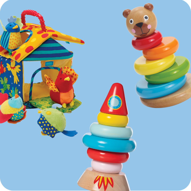 Three colorful baby toys a bird-themed sorting toy, and two wood stacking toys, one bear themed, the other rocket themed on a blue background